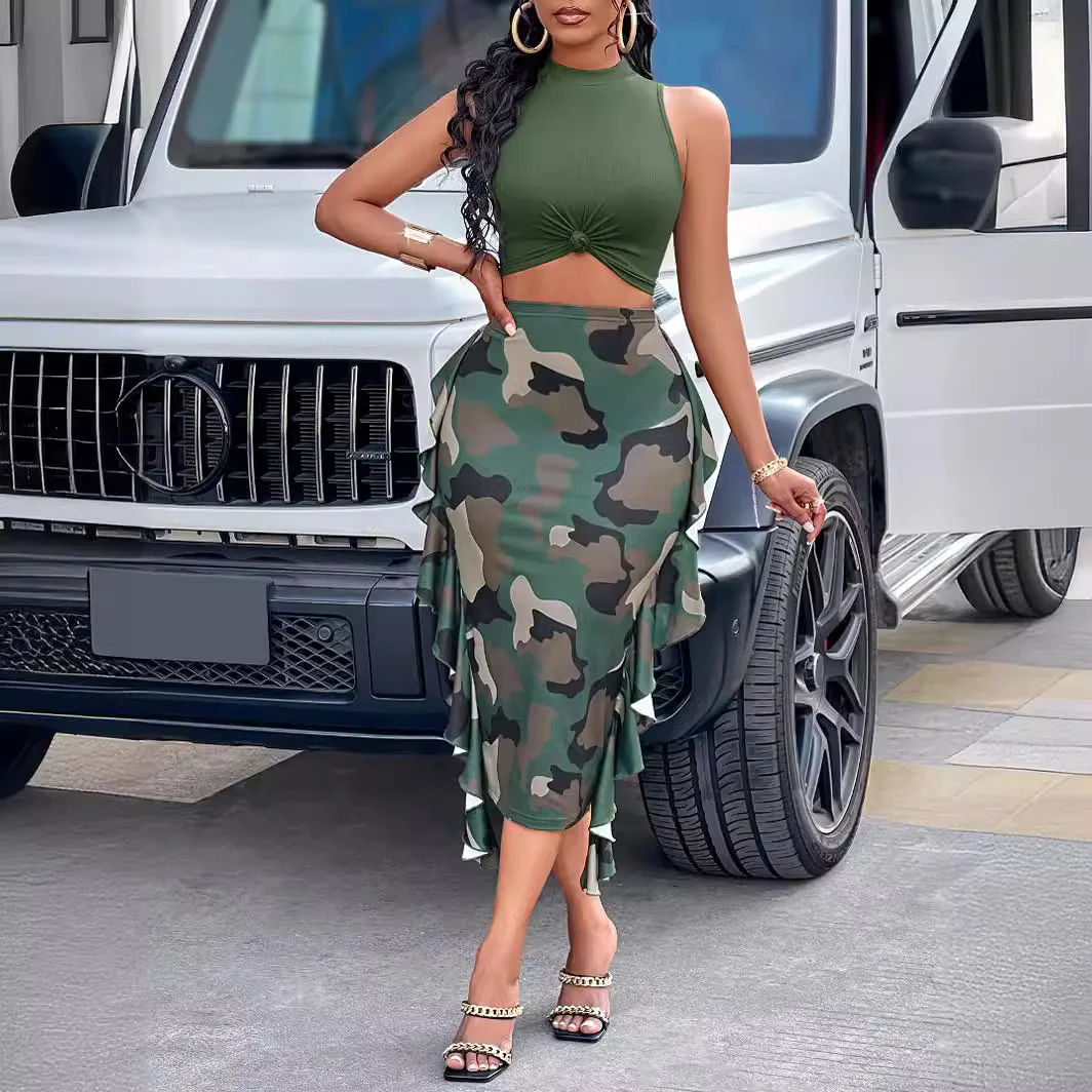 

Beach Dress Long Female Outfits Swimsuit 2024 Cover Ups For Women Set Summer Outing Kaftan Two Piece Camouflage Skirt Polyester