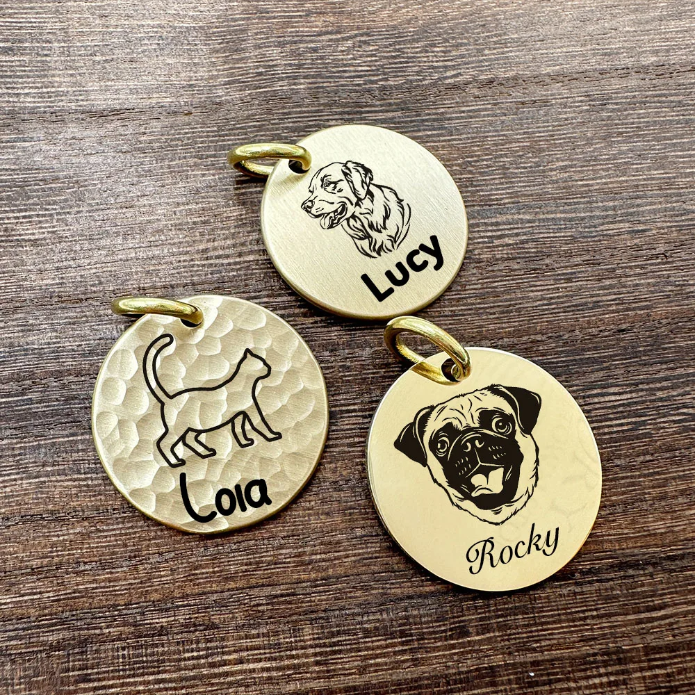 Personalized Pet ID Tags Hand Hammered Brass Engraving Kitten Puppy Anti-lost Collars Tag Dog Cat Name Tag Pets Dog Accessories