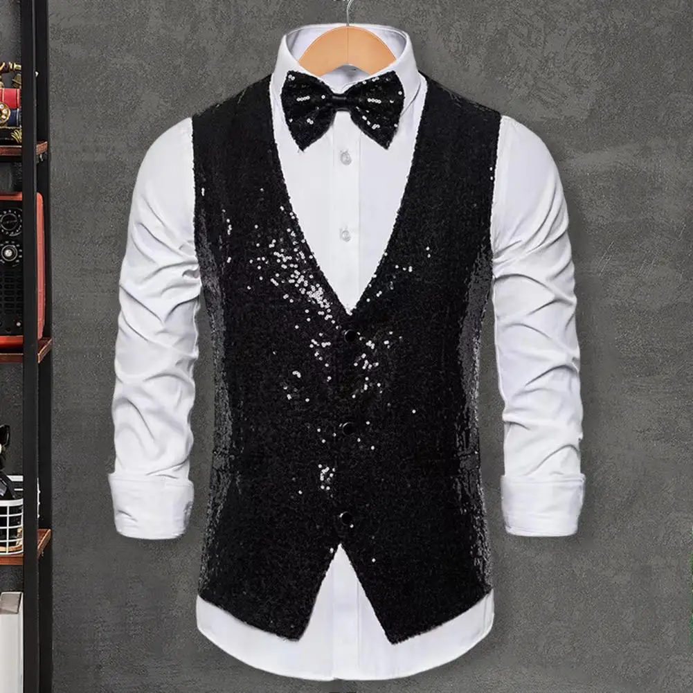 

Men Sequin Vest Sequin Slim Fit V Neck Men's Waistcoat with Bow-knot for Stage Performance Compere Emcee Sleeveless