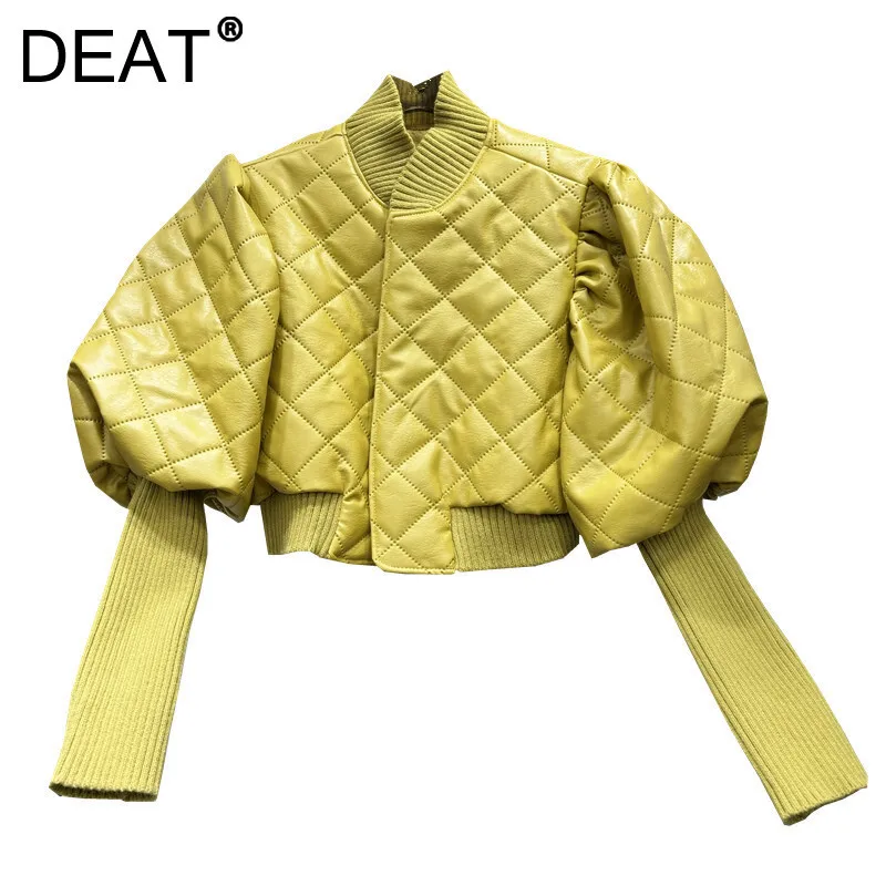 DEAT Women's Coat Super Pu Leather Patchwork Knit Puff Sleeve Solid Color Plaid Short Jackets 2025 New Fashion Spring 11A01534