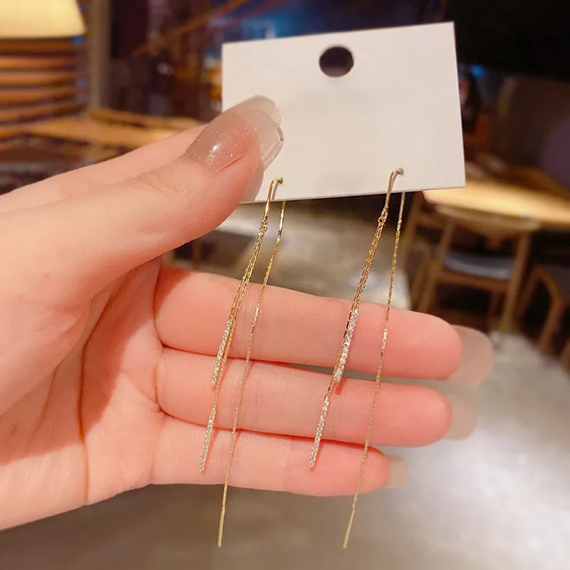Glänzende lange Quasten-Glitzer-Tropfenohrringe für Damen, modische lange Kette, baumelnde Ohrringe, Hochzeit, Party, Schmuck, Geschenke – Detail 37