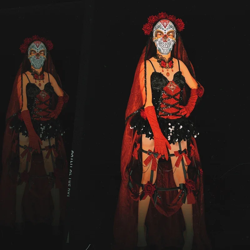 Kostiumy na Halloween do klubu nocnego, dla DJ-a, Gogo, seksowne stroje do tańca na rurze, odzież damska na imprezę, cosplay, występ na scenie, strój rave, XS7143