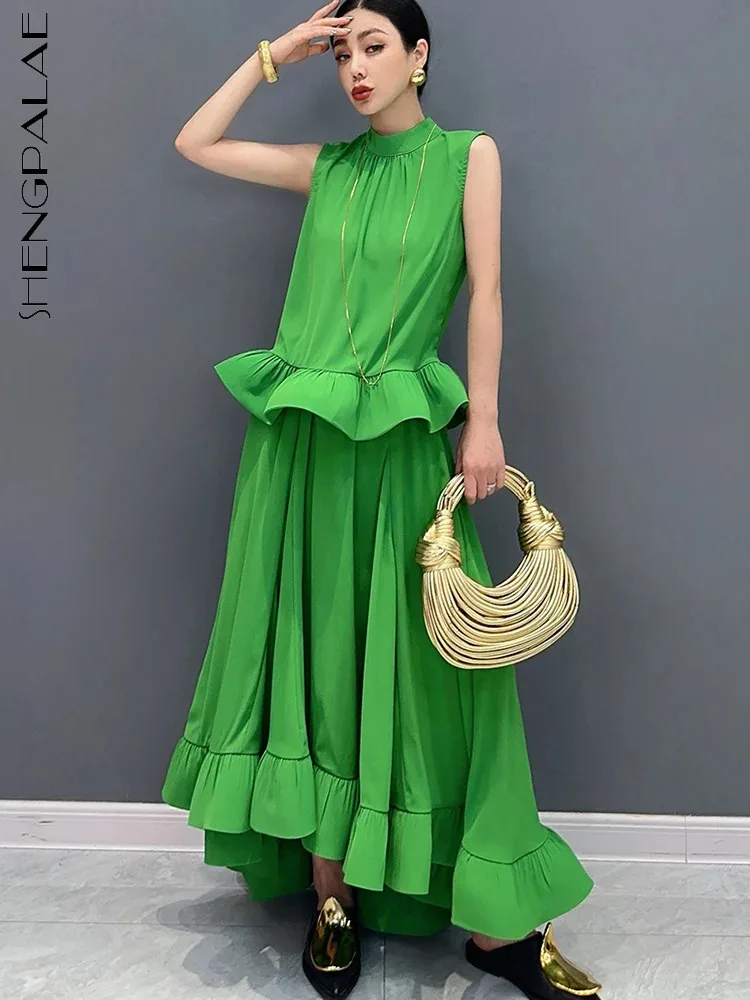 

SHENGPALAE 2 Piece Set Sleeveless Ruffle Edge Skirt Top Large Hem Long Dress Fashion Elegant 2024 Summer Women's Clothes 5R9821