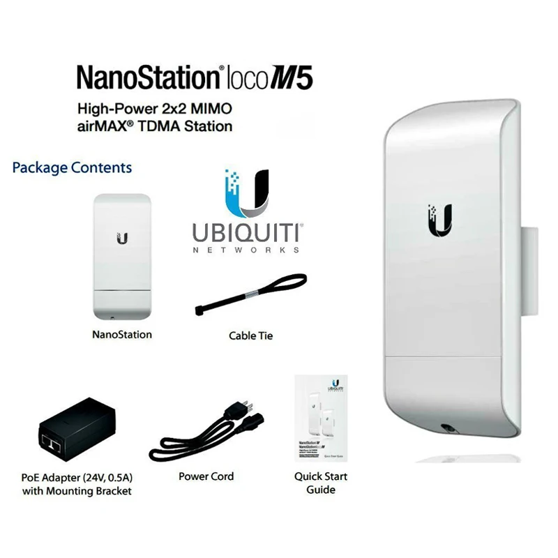 UBIQUITI LocoM5 UBNT NanoStation Loco M5 5GHz, Outdoor Wireless Network Bridge AirMax 13dBi, Wi-Fi CPE Within 2 KM, 1 Piece