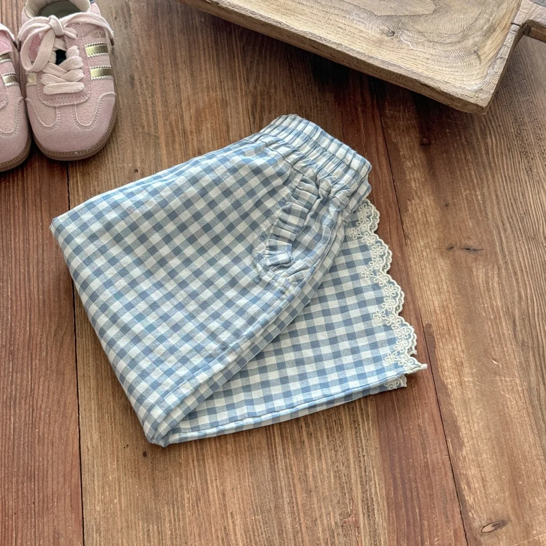 Girls' Autumn Clothing Foreign Style Color Matching New Plaid Lace Straight-leg Pants Children's Casual Trousers Autumn