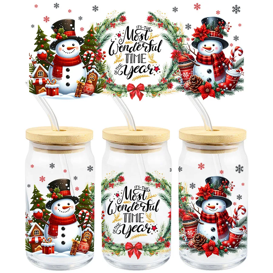 Cute Christmas Snowman UV DTF Transfer Sticker 16oz Libbey Glass Cups Wraps Coffee Mug Decals Party Xmas Winter Home Decoration