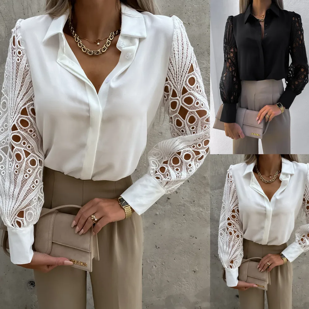 

2026 Spring/Summer New Women's Solid Color Lace Patchwork Shirt Shirt Women
