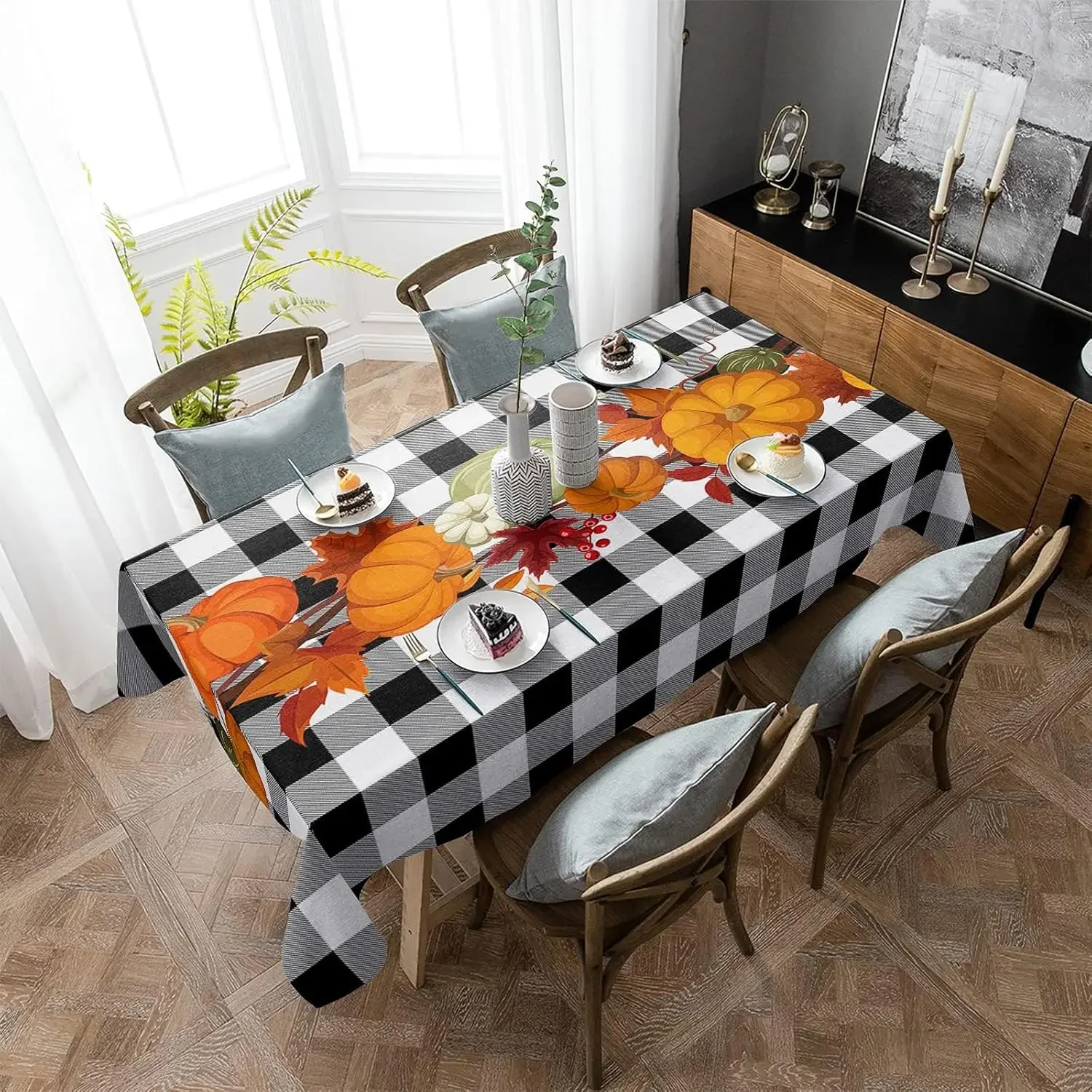 Fall Thanksgiving Pumpkin Maple Leaves Tablecloths Autumn Rectangle Buffalo Plaid Table Cloth for Table Kitchen Party Decoration