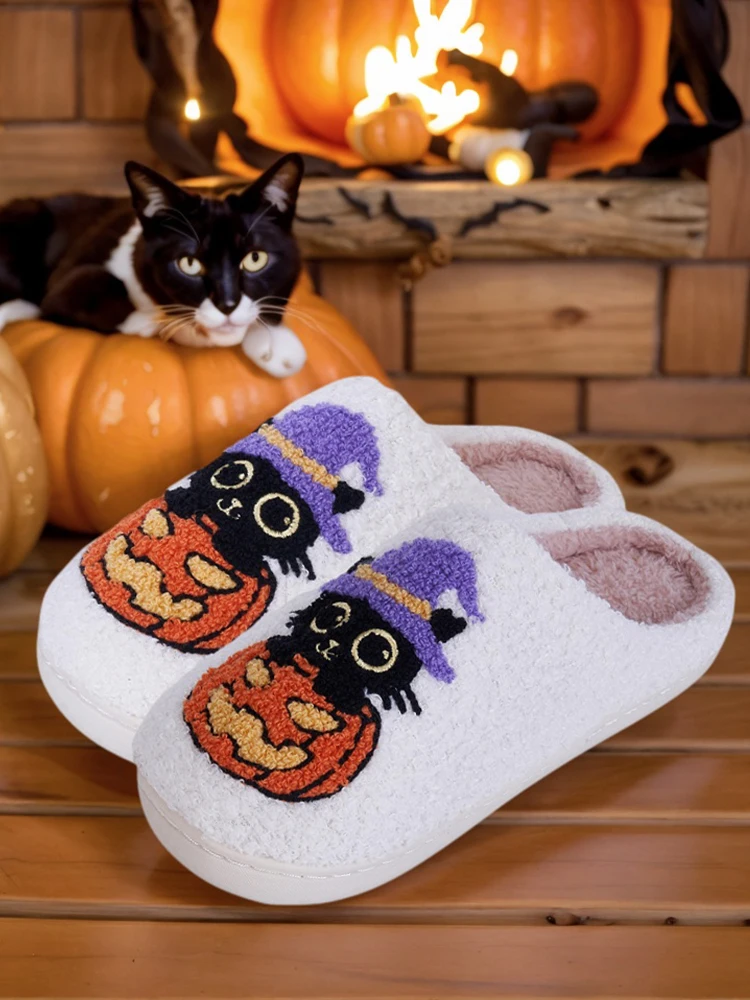 أسود القط اليقطين الدافئة الانزلاق على أحذية منزلية مريحة الحرارية زوجين النعال عدم الانزلاق غامض مغلق تو النعال لفصل الشتاء