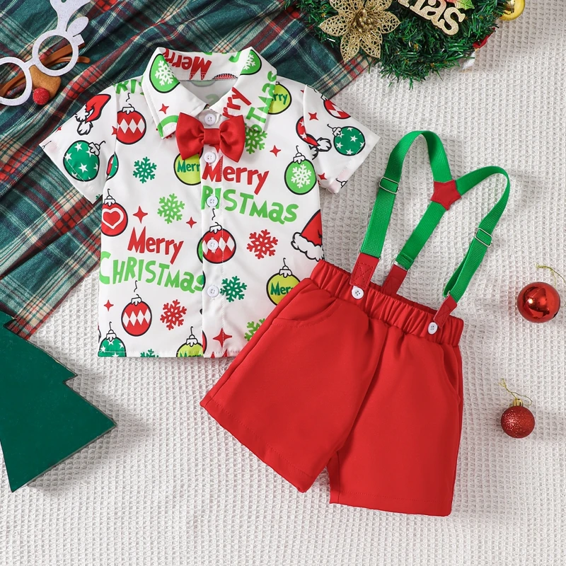 

2024-05-31 Lioraitiin Toddler Boy Christmas Set Bow Tie Santa Hat/Ball Short Sleeve Lapel Neck Tops Overall Shorts Outfit