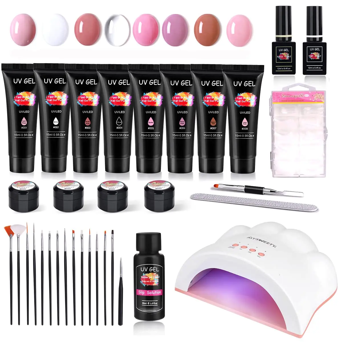 

15 ml 8 Colours Nail Polish Polygel Set UV Pink Nail Extension Gel for Beginners with 36 W LED/UV Lamp Base Top Coat Lubricant