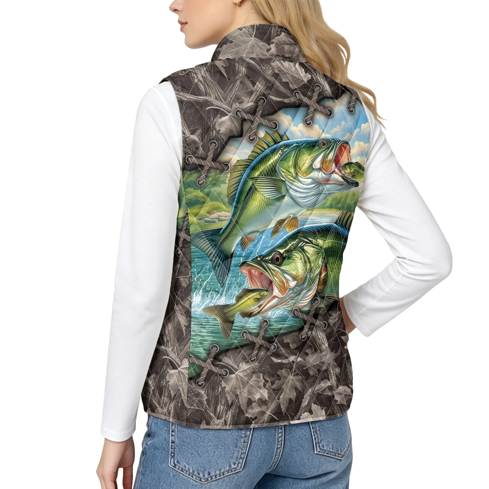 PENSTROLL Bass Fishing Print Golf Vest Women Sleeveless Lightweight Outerwear Quilted Jacket Vest for Women for Running Spring