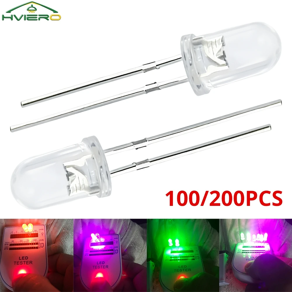 100/200X F5 5mm Round Water Clear Diode Led White Red Green Blue Yellow Pink Orange Super Bright Ligte Emitting Diodes Lamp Bulb