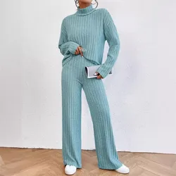 Winter New Solid Color Knitted Long Sleeve Women Pants Suit Simple Slim Female Home Wear Half High Neck Knitted Pullover 2 Piece