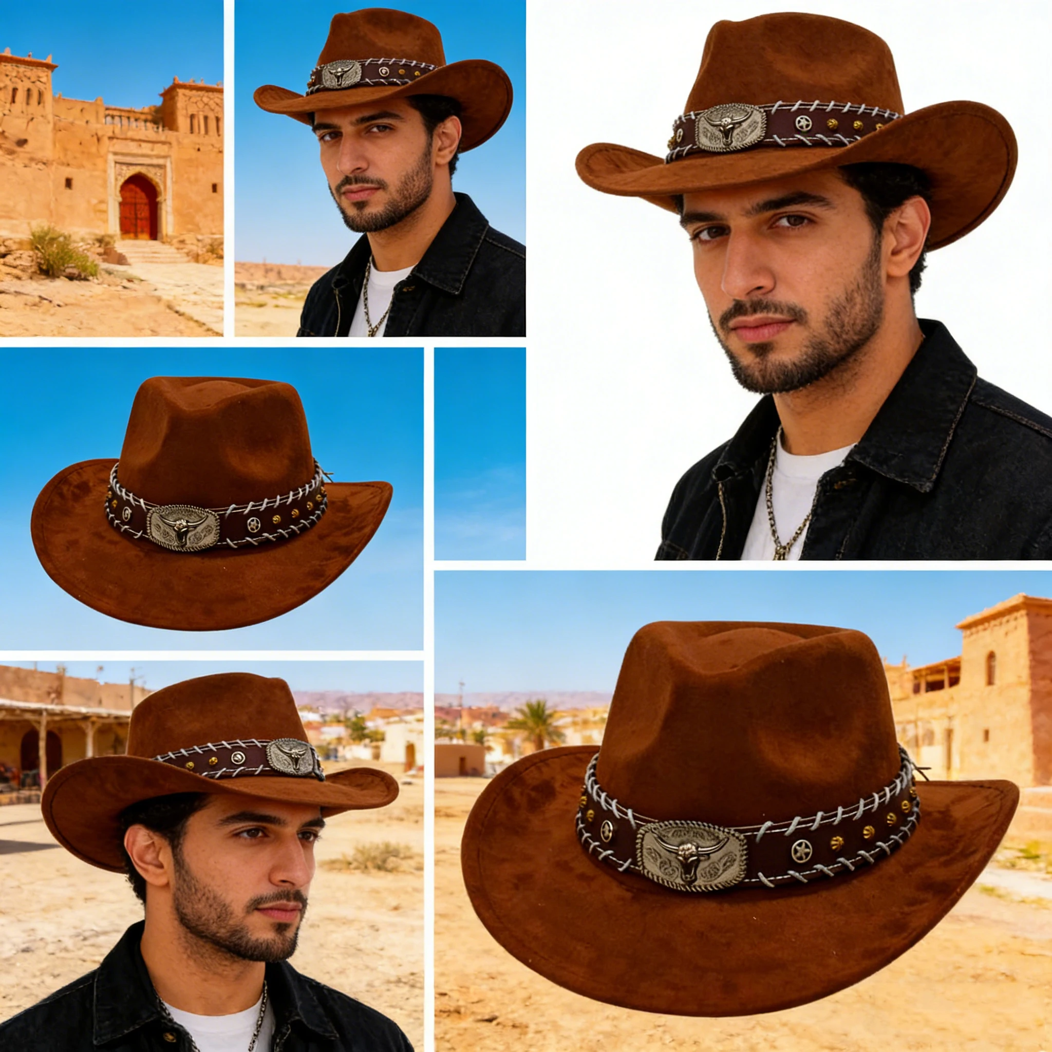 

Ethnic Pattern Cowboy Hat Male Wool Felt Western Sombrero Cap Classic Riding Travel Fedora Hat Metal Bull Head Gentleman Hat