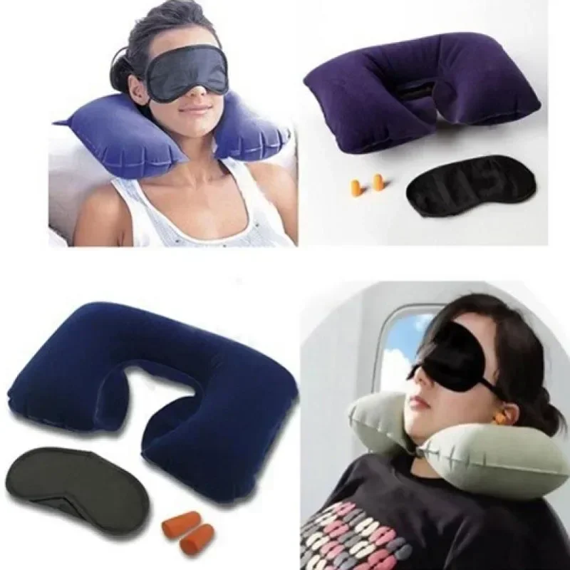 

Soft 3Pcs Car Flight Travel Inflatable Neck Rest Cushion U Pillow Eyeshade Earplugs Car Accessories Supplies Products