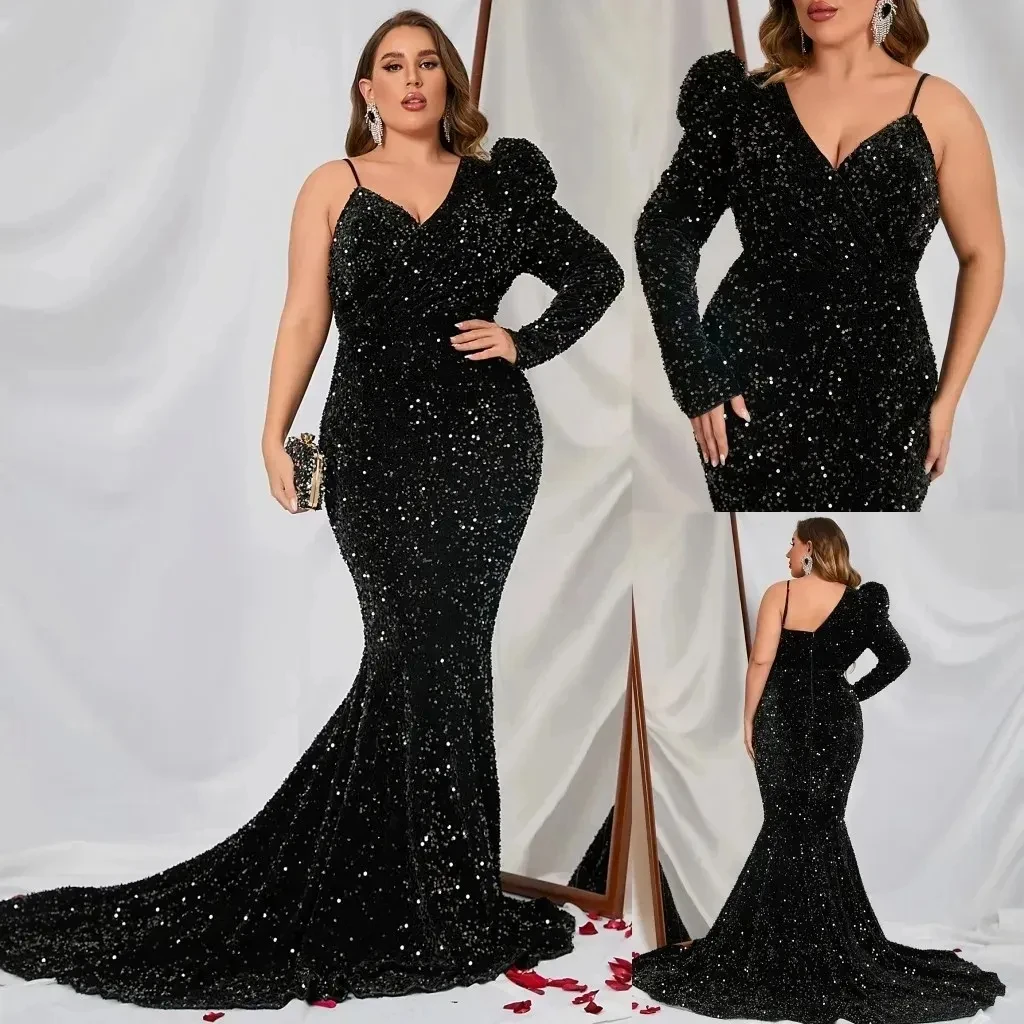 Sparkly black sequin sexy mermaid ball dress plus size one-shoulder long sleeve special occasion formal evening dress new