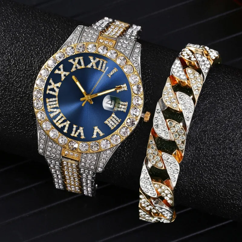 2Pcs Bracelet Hip Hop Stainless Steel Gold Color Calendar Watch for Men Iced Out Paved Rhinestones Men Watch  Reloj De Mujer