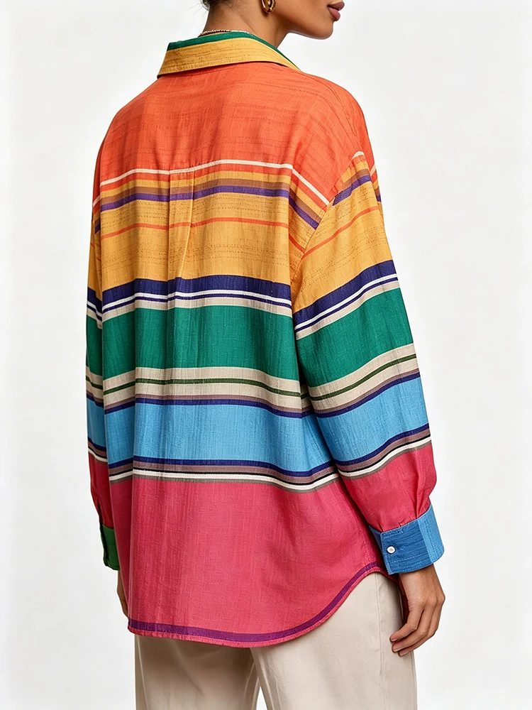 Yeezzi Women's Multicolor Rainbow Striped Lapel Shirt 2026 New Long Sleeves Oversized Bohemian Casual Daily Vacation Blouse Tops
