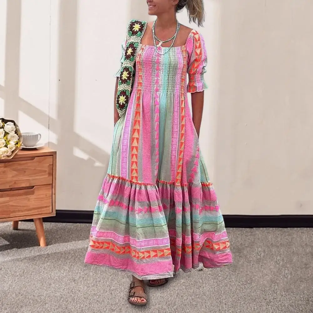 Lady Maxi Dress Bohemian Style Geometric Print Maxi Dress for Women Square Neck Pleated Patchwork Half Sleeves Vacation Beach