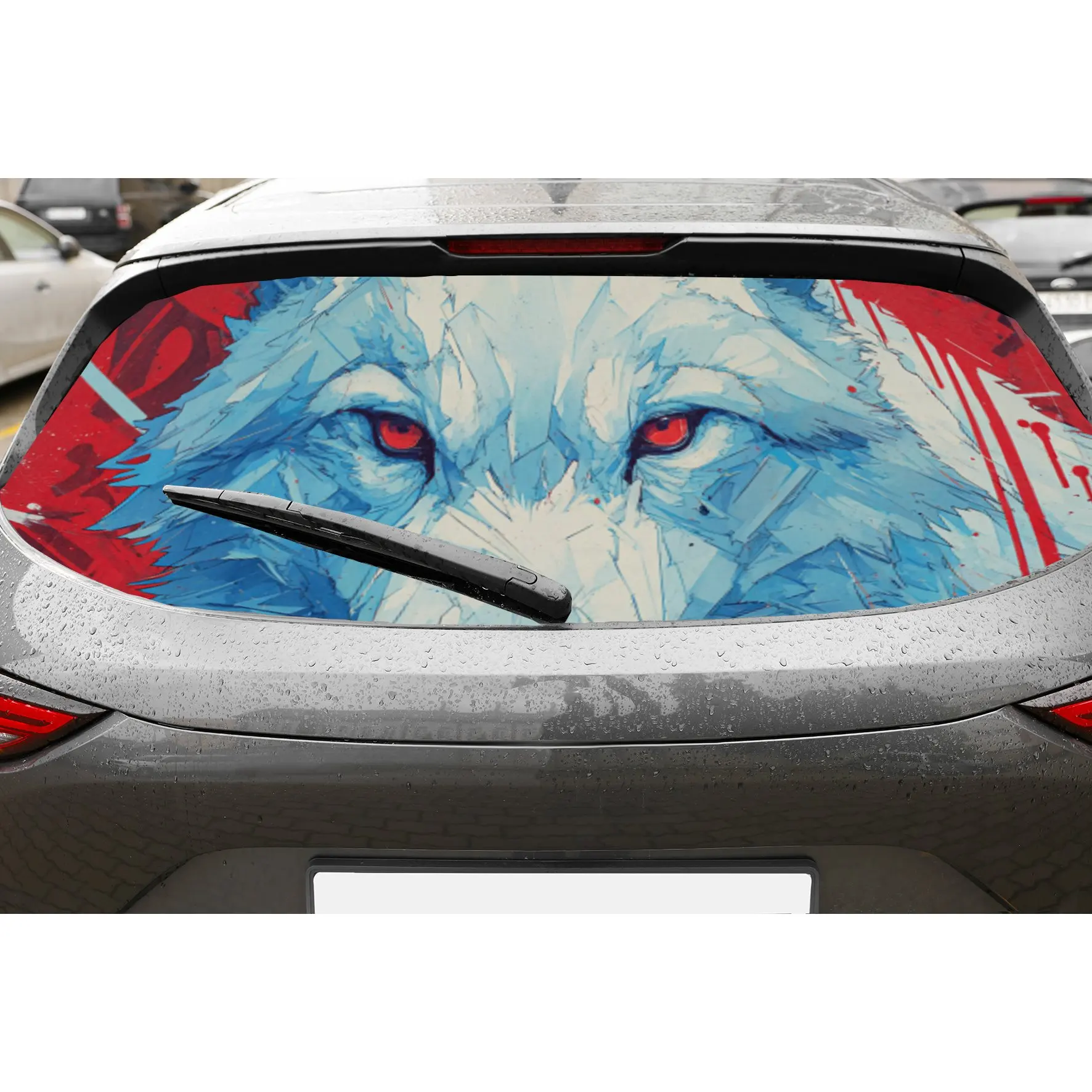 

Domineering Red-Blue Wolf PVC Perforated Car Vinyl Wraps, Durable Car Rear Windshield Sticker, Waterproof Car Rear Window Decal,