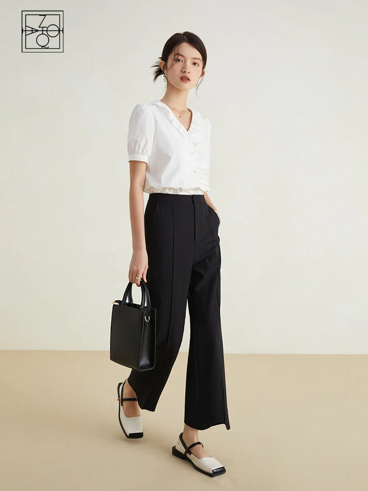 

ZIQIAO Design Sense Niche Trousers for Women Summer Newly High-waist Slightly Bootcut Slimming Nine-point Pants for Female