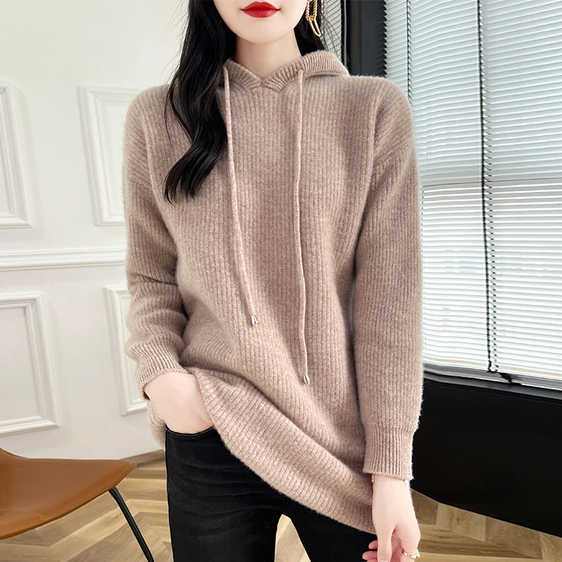 Autumn/winter long hoodie 100% wool cashmere sweater women loose Korean knitted pullover hoodie solid color wear tide big top