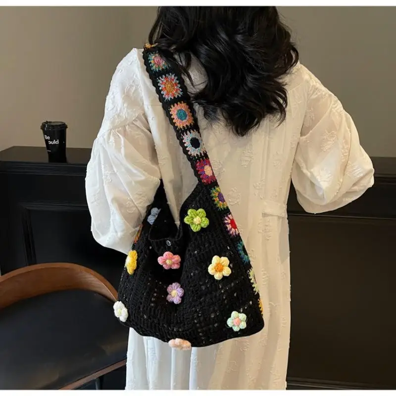 Designer Floral Women's Crochet Bag Stylish Knitted Handbag for Daily Carry