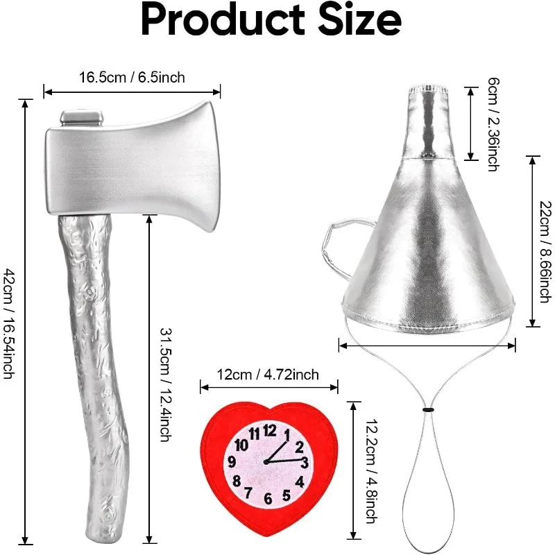 3PCS Tin Costume Accessories for Man Silver Axe Funnel Hat with Heart Clock Brooch Halloween Tin Costume Accessories