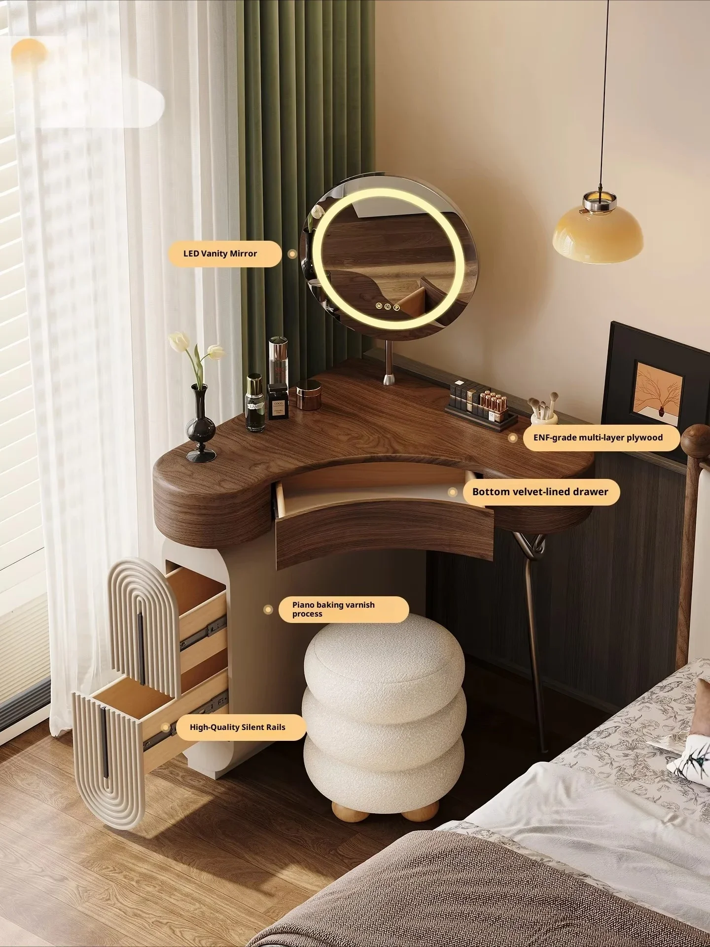 Modern lighted mirror corner, triangular solid wood dresser, storage integrated small apartment bedroom