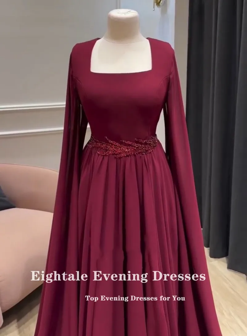 Eightale Arabische Abendkleider für Hochzeit, Party, Chiffon, Perlen, A-Linie, individuelle Flügelärmel, Burgunderrot, muslimische Abschlussball-Party-Kleider