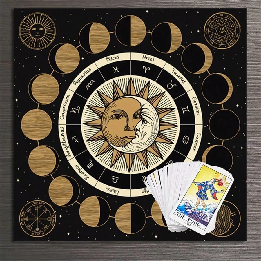 1 Stück Sonne-Mond-Tarot-Tischdecke, Mondphasen-Astrologie-Altartuch, Himmelswesen-Orakelmatte für Hexerei und spirituelle Dekoration