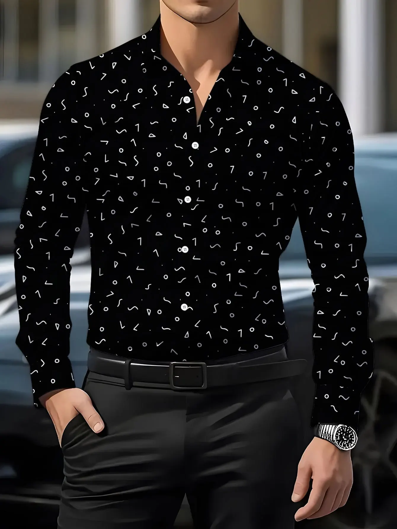 Daily Style Men Lapel Collar Shirt Black Base Tiny Geometric Line Symbol Print Polyester Long-Sleeve Blouse