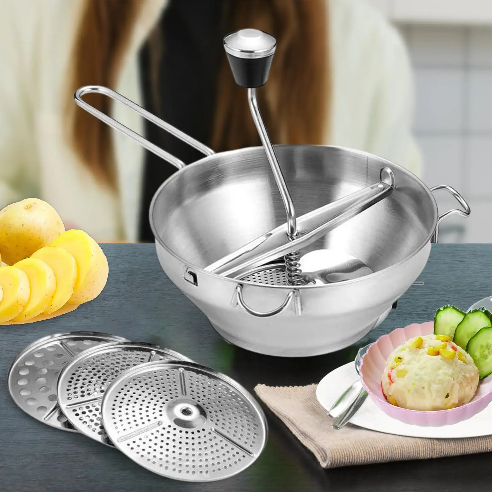 Stainless Steel Food Blender with 3 Grinding Milling Discs Baby Food Grinder Vegetable and Fruit Masher for Mashing and Strainin