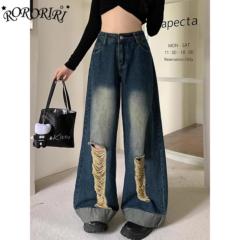 

RORORIRI Destroyed Retro Women Baggy Jeans Skater Blue Washed Ripped Holes Wide Leg Casual Y2k Pants Boyfriend Hiphop Streetwear