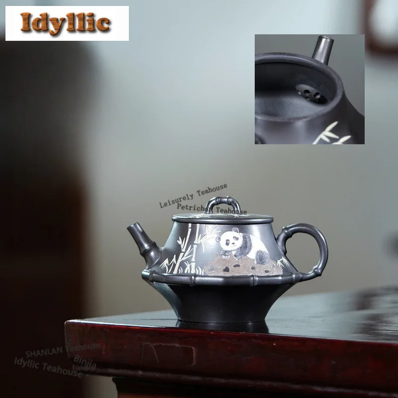 300ml Yixing Purple Clay Teapots Handmade Panda Bamboo Joint Pot Raw Ore Stone Yellow Mud Kettle Zisha Tea Set Supplies Gift