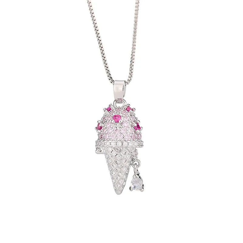 

Fashion French Ice Cream Cone Studded 925 Sterling Silver Jewelry Luxury Clavicle Necklaces XL222