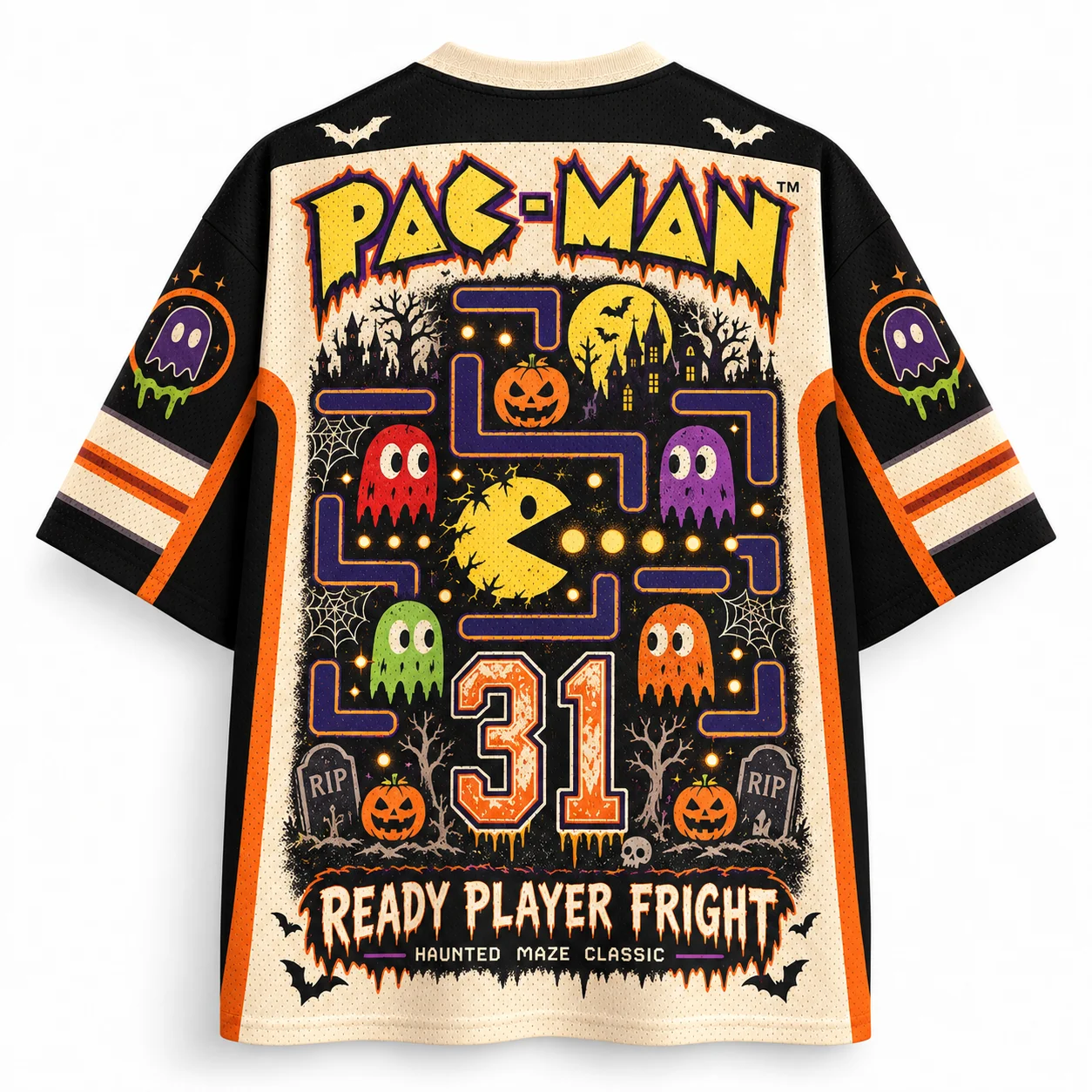 Halloween Pac Man No. 31 Mesh Shirt for Men and Women with Short Sleeves Full Print Retro Arcade Game Street Role Playing Top