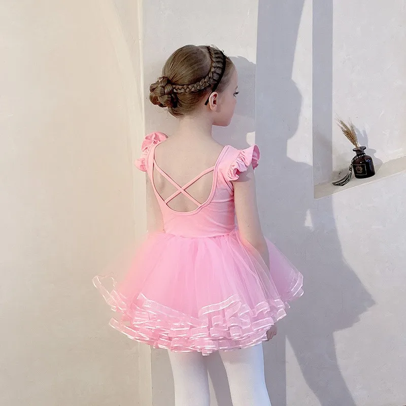 Leotardos de Ballet para niña, traje de bailarina de 4 capas, manga corta con volantes, traje de gimnasia rítmica, vestido de Patinaje