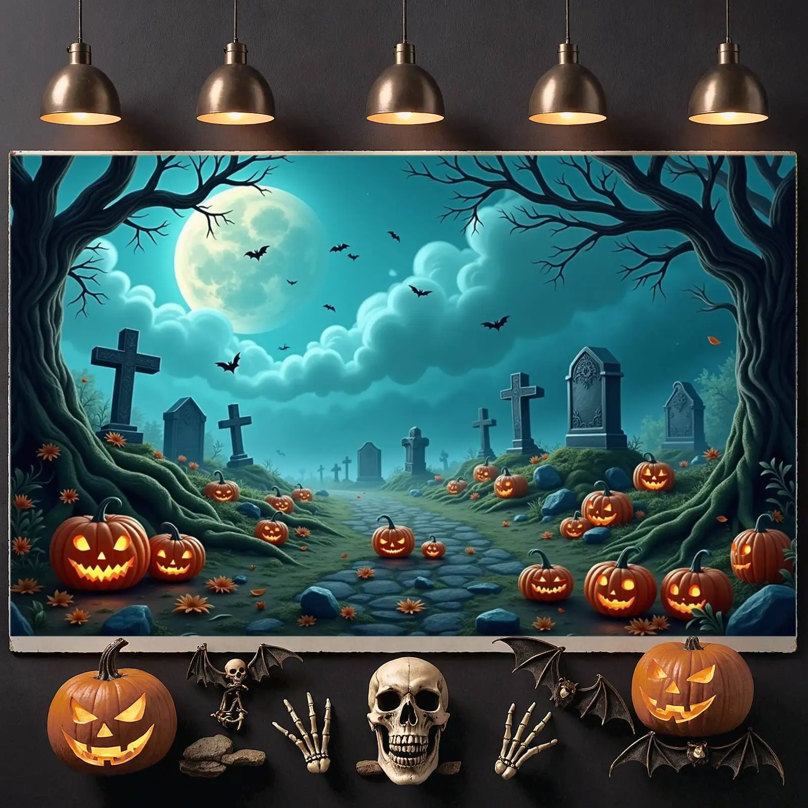 Graveyard Banner Night Scene Pumpkin Decoration Haunted Scene Tree Halloween Decor For Themed Party Evening Gathering Halloween
