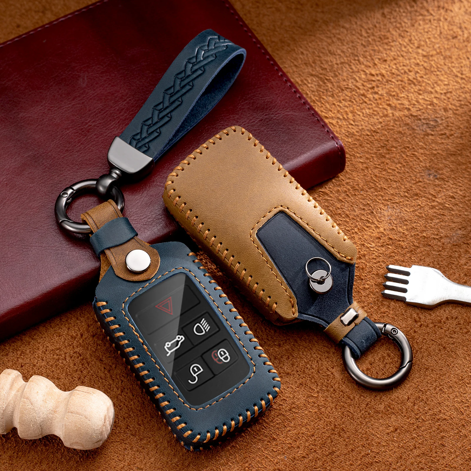 

Crazy Horse Leather Car Key Cover for Land Rover Range Rover Sport Evoque Freelander Velar Discovery 4 5 Jaguar XE E-PACE 2019