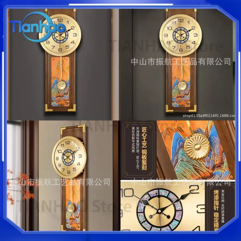 Quartz Wall Clock for New Chinese Style Living Room Decoration Brass Deer and Fu Pattern Wooden Clock Artistic Classical