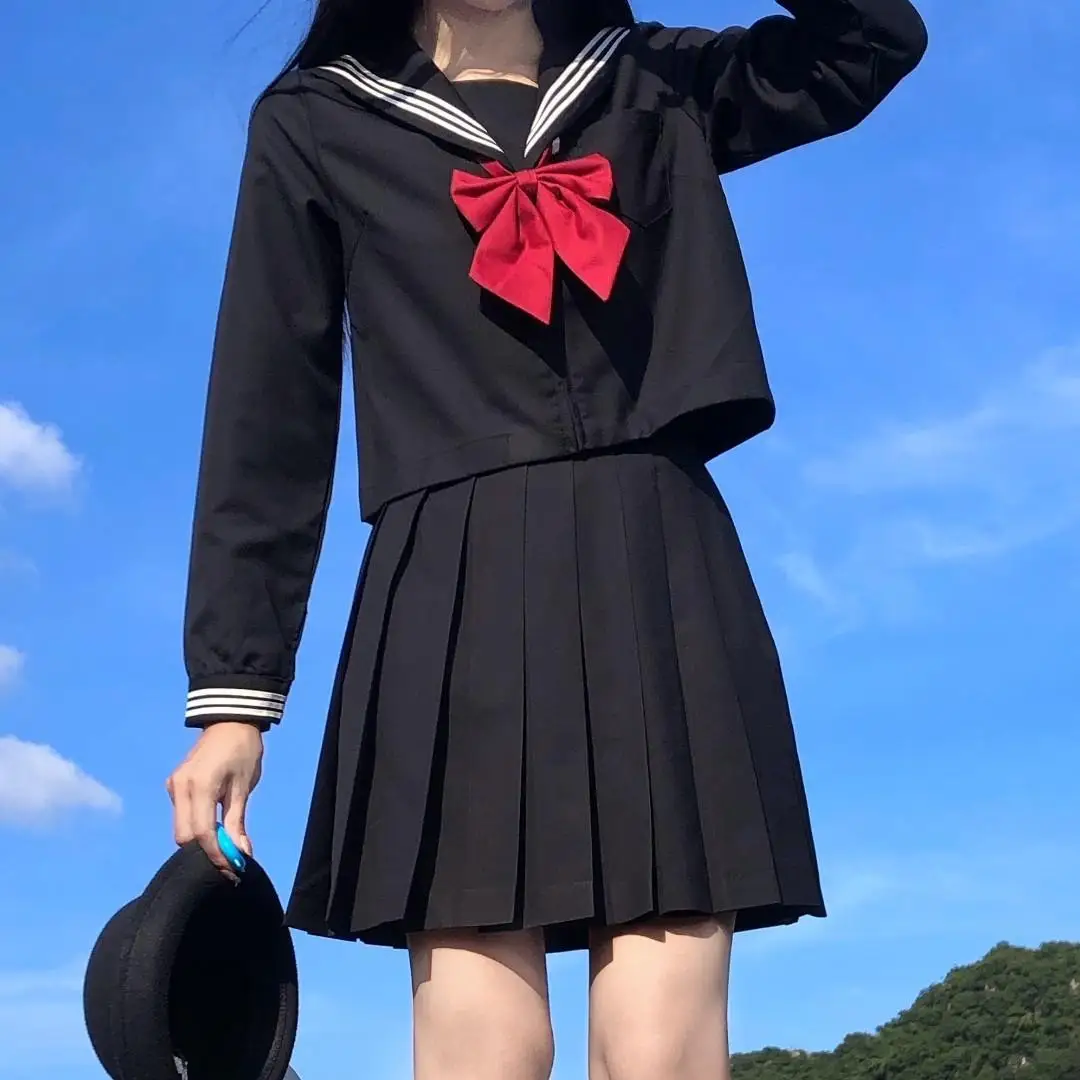 Japanese School Uniform Girl Jk Suits S-8XL Plus Size White Two Black Three Line Basic Sailor Summer Sexy Pleated Skirt Women