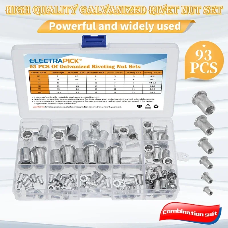 Alumínio Rivetnuts Conjunto Cego Nutserts Inserção Rosqueada Nutsert Tampa Cabeça Plana Rebite Porcas de Aço Carbono m3 m4 m5 m6 m8 M10 190 93 Peças