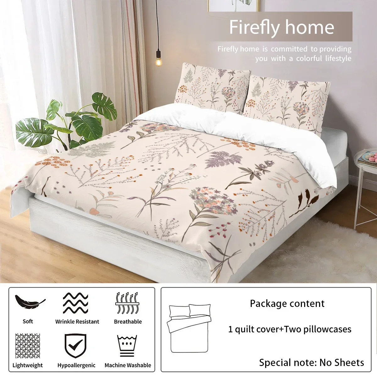 3 piece matte polyester fabric bedding set, skin friendly, warm and comfortable, fresh beige, with plant wildflower patterns