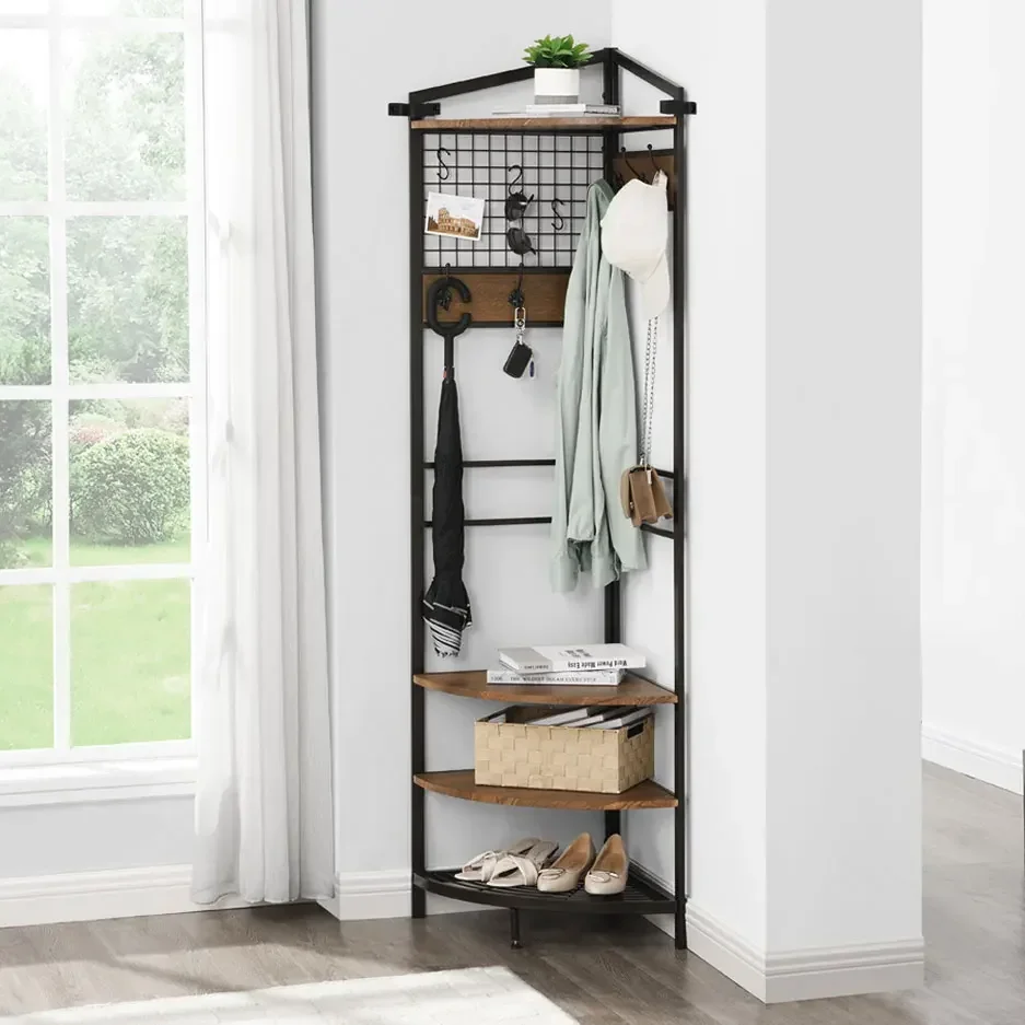 

Corner Hall Tree Industrial Corner Coat Rack with Hooks and Storage Shelf for Entryway Hallway Corner Organizer with Shoes Rack