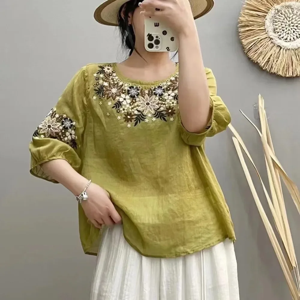 ملابس كلاسيكية رفيعة Y2k قمصان علوية للنساء ملابس هاراجوكو نمط عرقي ملابس الشارع الشهير تي شيرت تي شيرت كتان مطرز