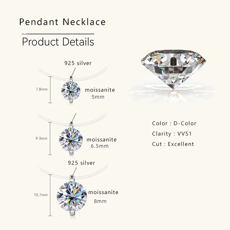 Lnngy 0,5 ct-3 ct Solitär Moissanit Halsketten 925 Sterling Silber Transparente Angelschnur Anhänger Halskette Für Frauen Schmuck – Detail 1