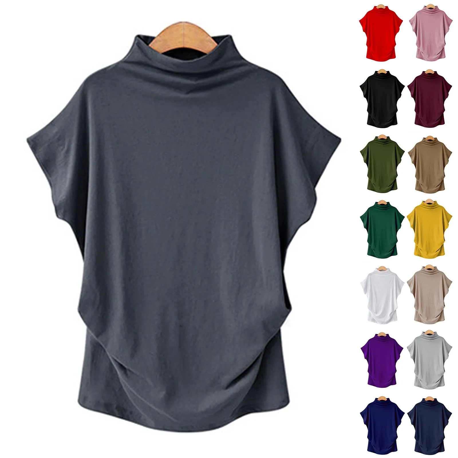 レディース新しいトレンディなファッションソリッドカラーソフトタートルネックトップハイエンドベーシック毎日の通勤薄い半袖プリーツ服