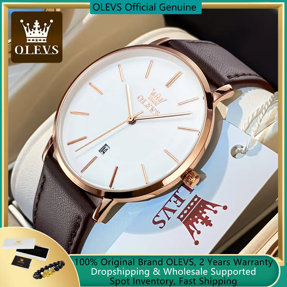 OLEVS-Relógio Quartzo Impermeável Ultra Fino Masculino, Minimalista, Negócios, Pulseira de Couro, Encontro, Luxo, Moda, 6,5mm